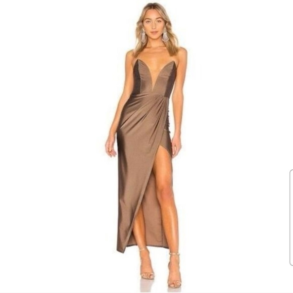 Michael Costello X Revolve Dresses & Skirts - NWT Michael Costello X Revolve Womens Satin Surplice Skirt Jake Gown Taupe Small